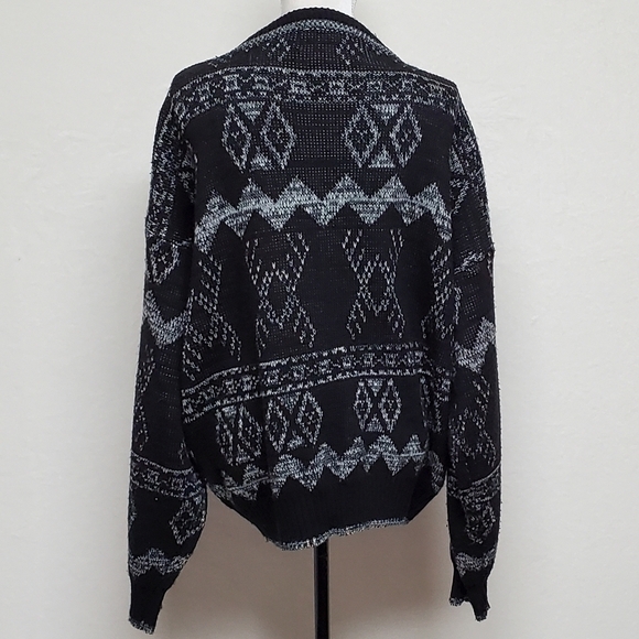 𝅺VINTAGE Chartwell Black Gray Knit Leather Trim V-neck Funky Pull-over Cardigan - Picture 10 of 13